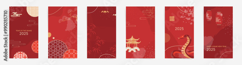 2025 Year of the Snake Premium Backgrounds Collection: Luxurious Red and Gold Templates Featuring Natural Abstract Designs with Clouds, Circles, and Ornaments. Chinese New Year Posts, Stories, Flyers.