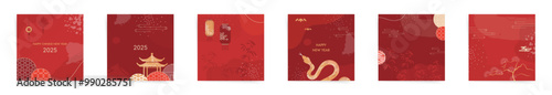 2025 Chinese New Year Premium Set. Golden Snake and Lantern Designs for Year of the Snake. Red and Gold Traditional Square Templates for Cards, Posters, Social Media, and Promotions.