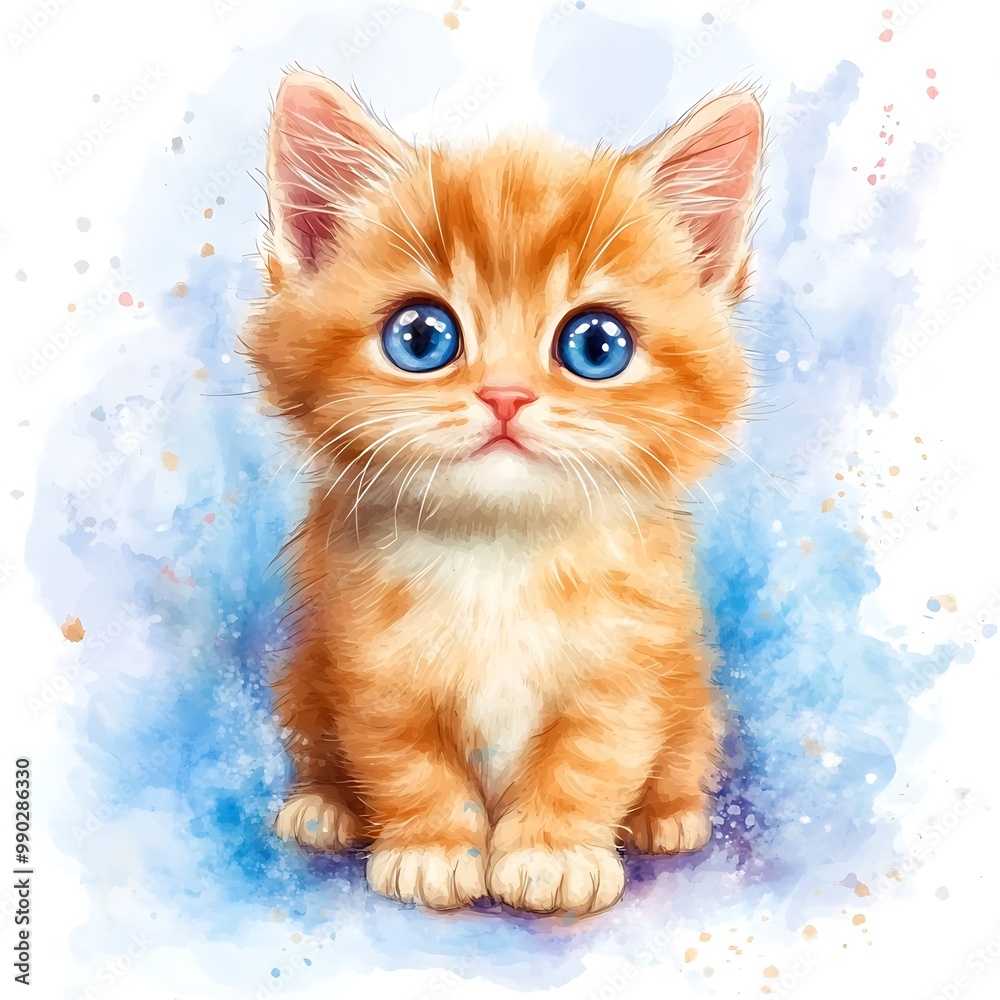 Fototapeta premium Adorable Kitten with Big Blue Eyes in Watercolor Style.
