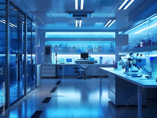 High Tech Bioluminescent Research Laboratory With Glowing Walls and Furniture for Calming Environment