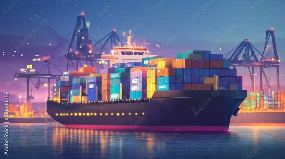 Obraz premium Vibrant Container Ship at Bustling Cargo Port at Twilight