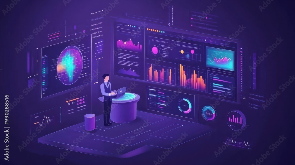 Fototapeta premium Digital business web concept in flat design. Man analyzing financial data infographic, develops and promotes company, increases profit. E-commerce and e-business. Illustration with people scene