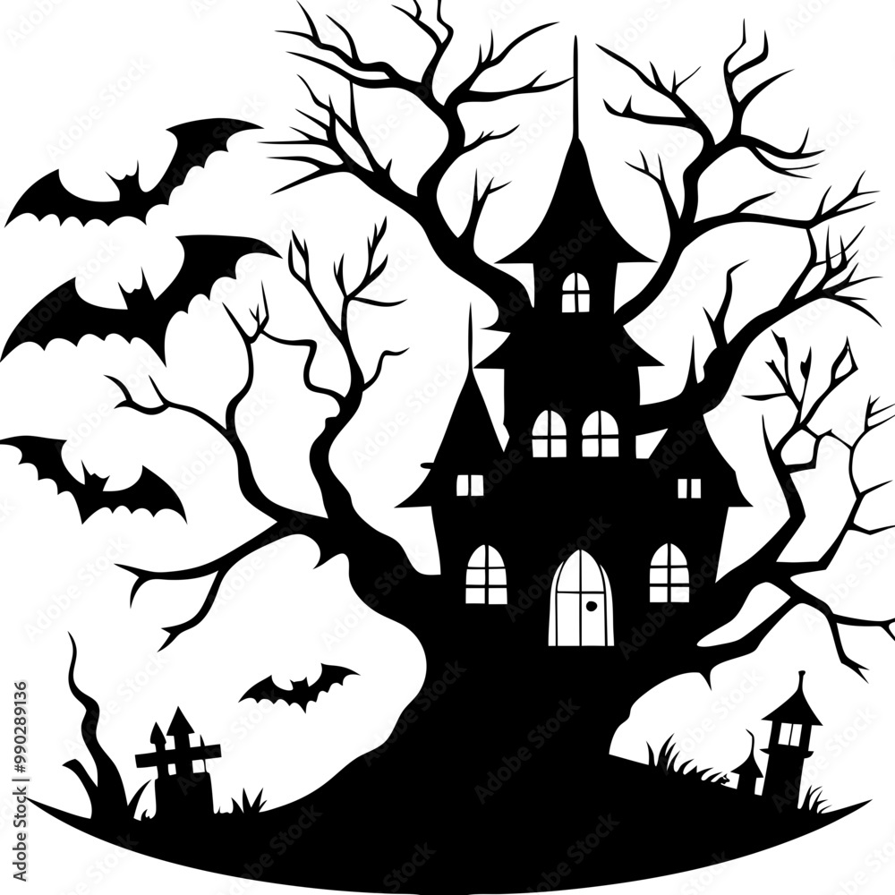Spooky Haunted House with Flying Bats and Eerie Tree Silhouette Spooky Haunted House with Flying Bats and Eerie Tree Silhouette