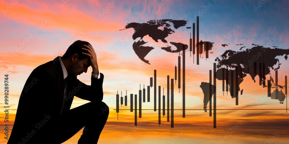 Naklejka premium Depressed Man Silhouette with Market Decline