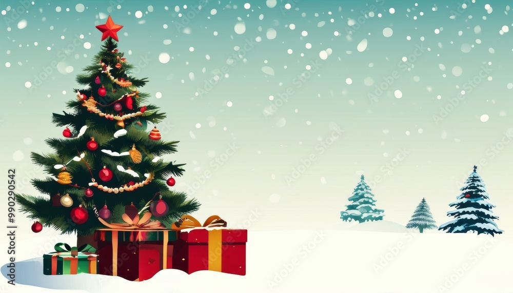 vector illustration - a decorated Christmas tree with gifts under it on a snowy background vector illustration - a decorated Christmas tree with gifts under it on a snowy background