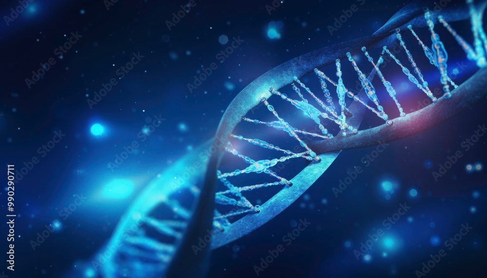 Blue glowing DNA strand with light and particles. Suitable for scientific presentations, biotechnology concepts, and genetics research visuals. Generative AI Blue glowing DNA strand with light and particles. Suitable for scientific presentations, biotechnology concepts, and genetics research visuals. Generative AI