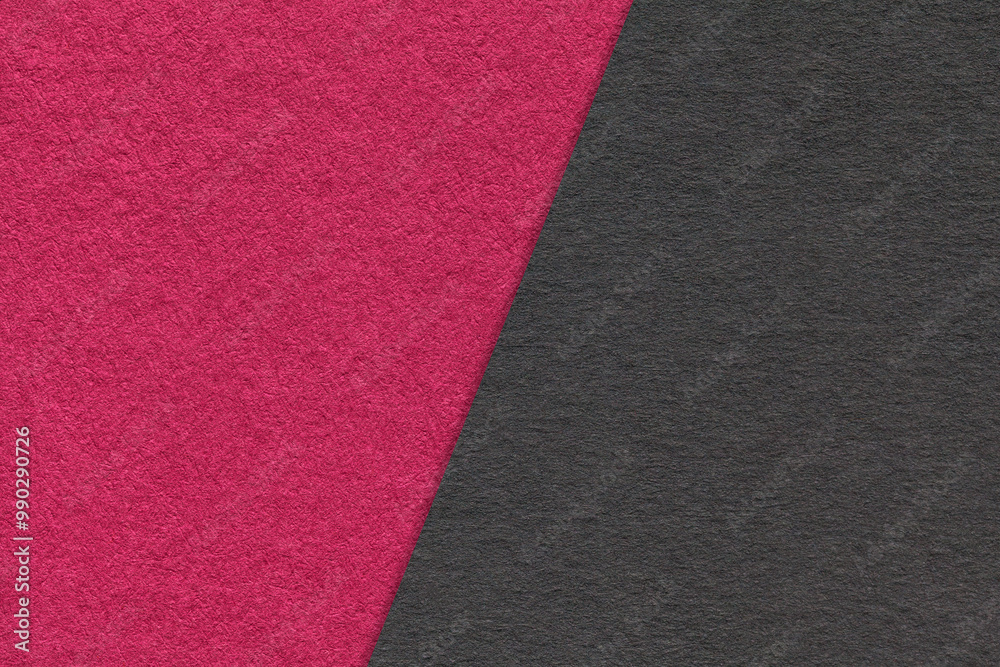 Fototapeta premium Texture craft purple and black paper background, half two colors, macro. Vintage kraft magenta cardboard.
