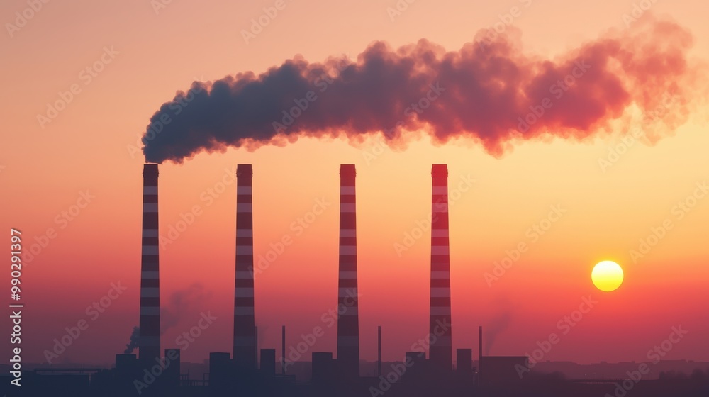 Smoke billowing from industrial chimneys at sunset, creating a striking contrast against the colorful sky. Smoke billowing from industrial chimneys at sunset, creating a striking contrast against the colorful sky.