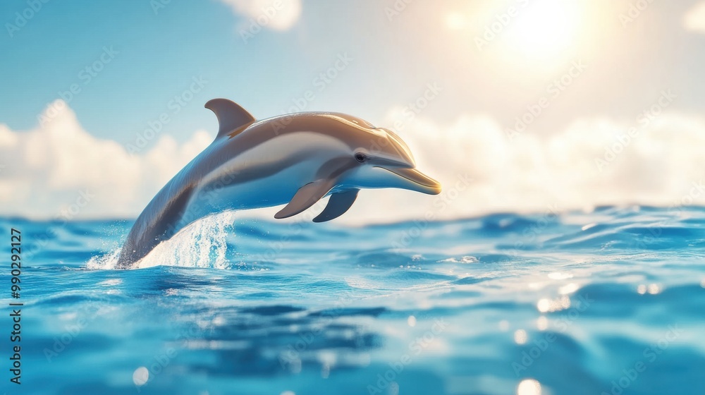Fototapeta premium Dolphin Jumping Above Ocean Surface at Sunrise