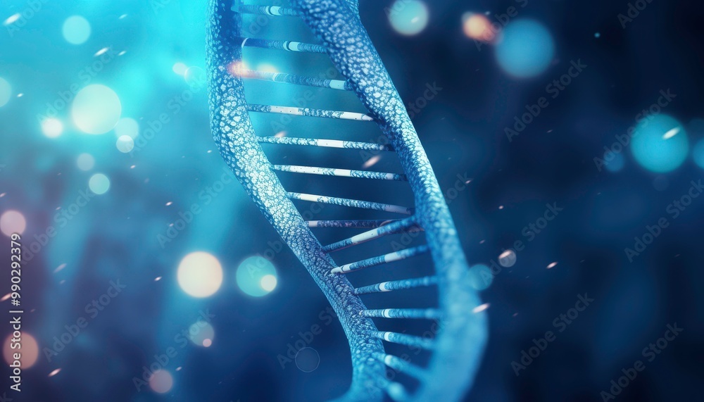 Blue glowing DNA strand with light and particles. Suitable for scientific presentations, biotechnology concepts, and genetics research visuals. Generative AI Blue glowing DNA strand with light and particles. Suitable for scientific presentations, biotechnology concepts, and genetics research visuals. Generative AI