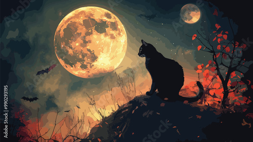 Halloween background with a cat and a full moon, Halloween elements, Happy Halloween