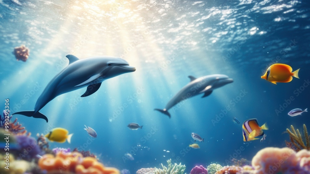 Majestic Dolphins Swimming in Vibrant Coral Reef Majestic Dolphins Swimming in Vibrant Coral Reef