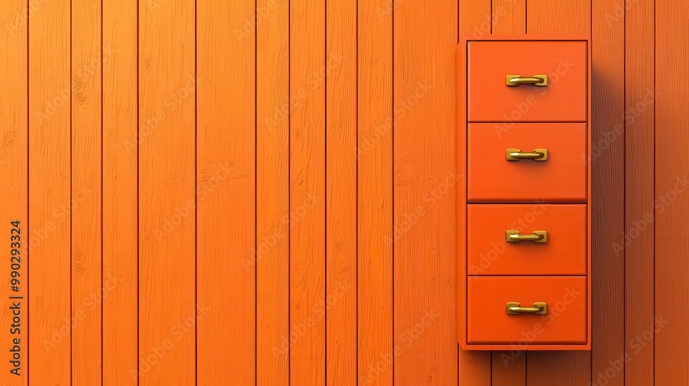 Fototapeta premium Retro wooden cabinet, clean mid-century design, brass handles, warm wood tones, minimalist backdrop, 3D illustration