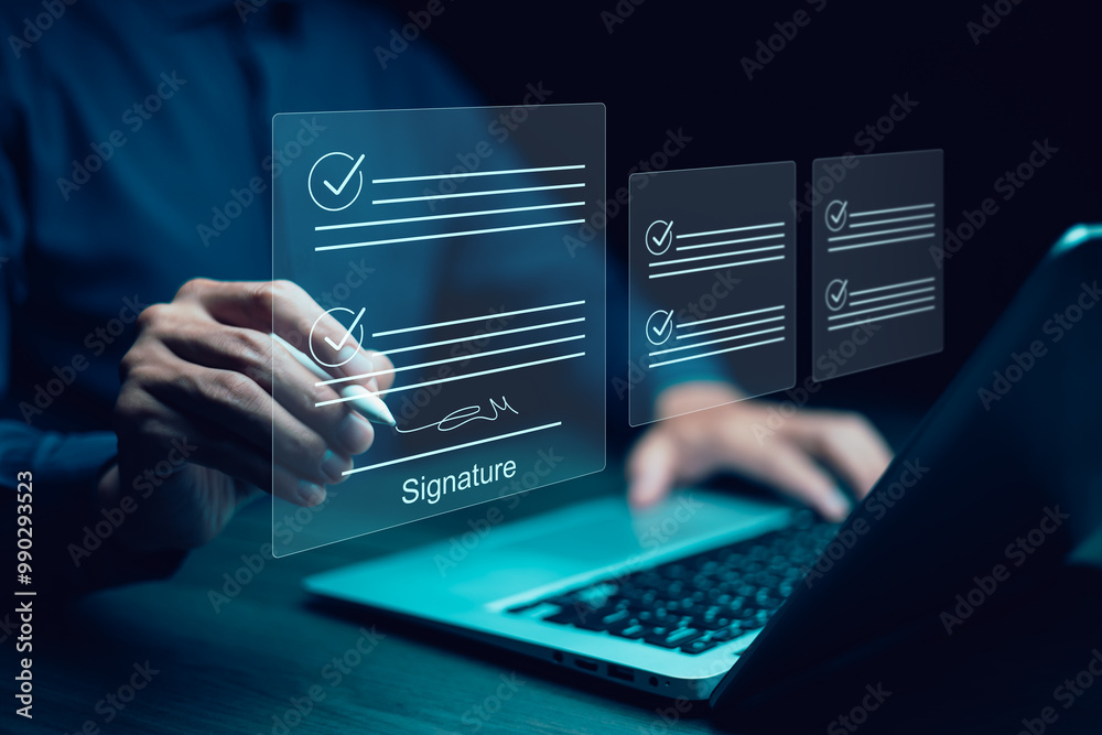 Signing electronic documents on digital documents Online, businessman with contract Electronic signature, e-signing, digital document management, paperless office, signing business contract concept,