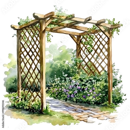 Watercolor Illustration of a Wooden Garden Arbor with a Stone Path. photo