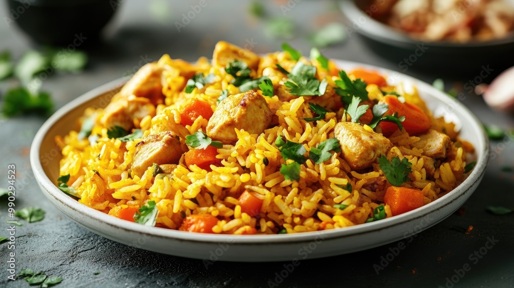 Chicken and rice dish with carrots. Perfect for showcasing Middle Eastern cuisine. Chicken and rice dish with carrots. Perfect for showcasing Middle Eastern cuisine.