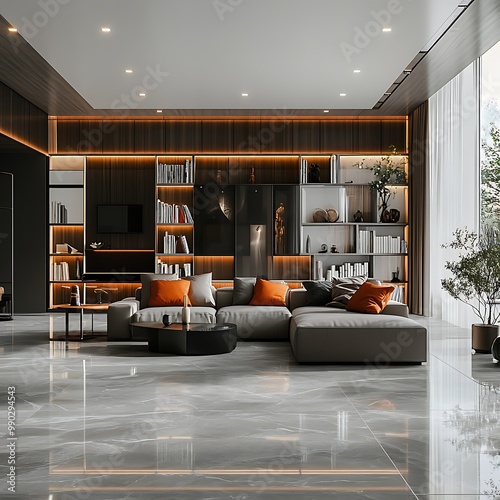 Living Room with Gray Marble Floor and Orange Pillows photo