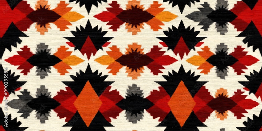 A vibrant geometric pattern featuring red, black, and white shapes, reminiscent of traditional textile designs.