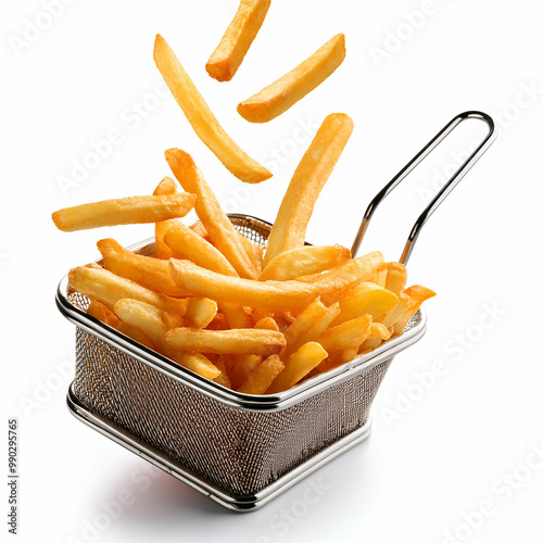 Crispy French fries in a wire basket