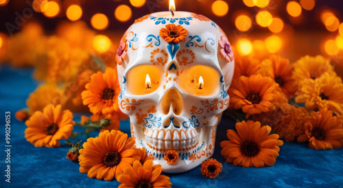 Sugar skull, candles and cempasuchil or marigold flowers on a blue empty background . Day of the Dead attributes celebration Dia de los Muertos Mexico for banner, poster, flyer or card with copy space photo