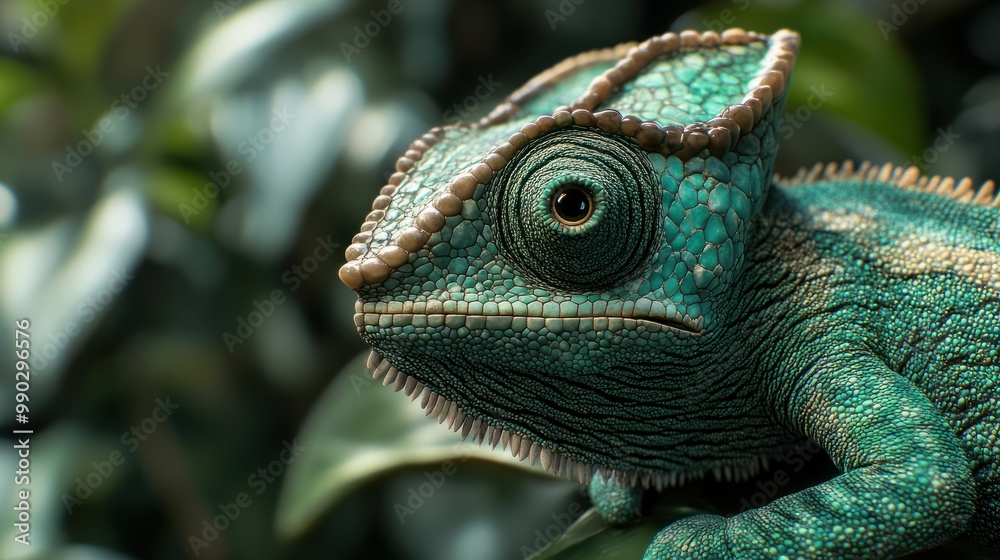Green colored chameleon close up. Generative AI. Green colored chameleon close up. Generative AI.