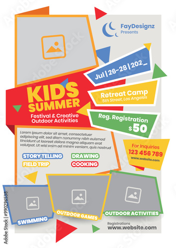 kids summer festival activities poster design for school, colorful summer camp flyer template