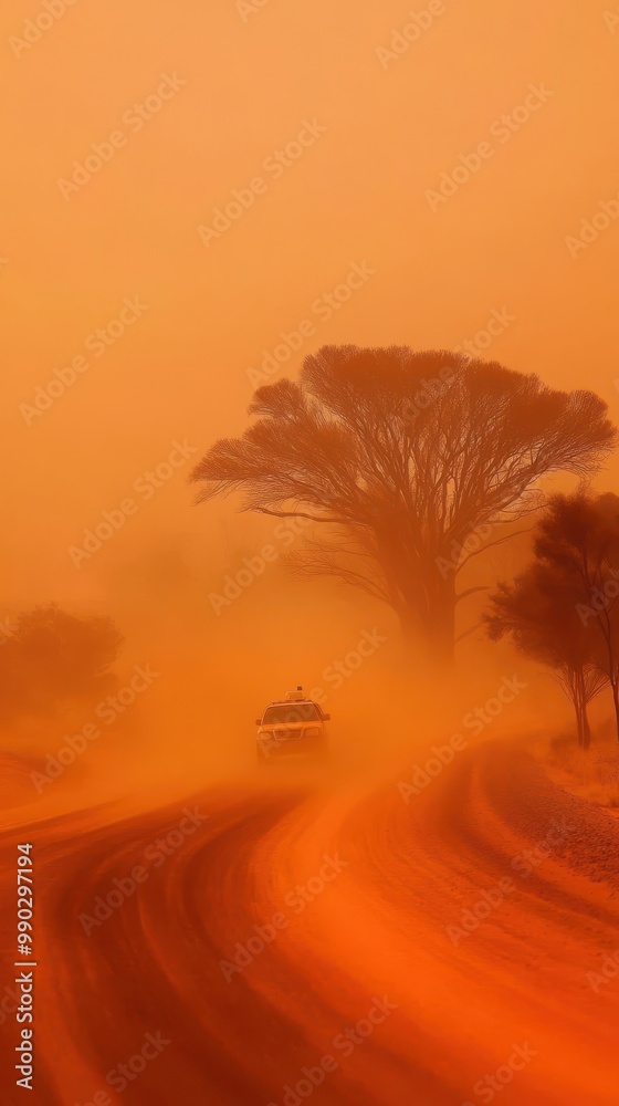 Obraz premium A car struggles to navigate a winding desert road engulfed in a fierce sandstorm