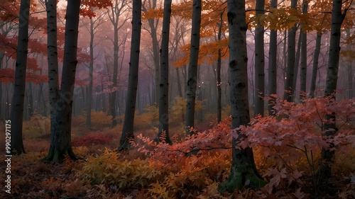 Twilight Glow Through Maple Trees. A twilight scene with pink and purple skies glowing through red and golden maple trees. Realistic style. photo