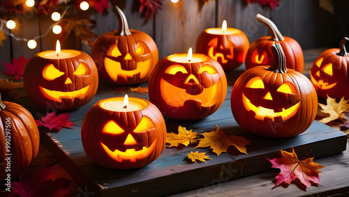 Rustic Charm Meets Spooky Halloween Pumpkins. Glowing Faces of Halloween on a Wooden Table photo