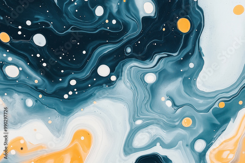 Abstract fluid art with flowing patterns in blue, white, and orange, creative and modern design background