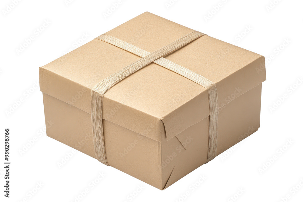 A closed cardboard box wrapped in twine, perfect for gifts, storage, or shipping, showcasing a simple and minimalist design. A closed cardboard box wrapped in twine, perfect for gifts, storage, or shipping, showcasing a simple and minimalist design.