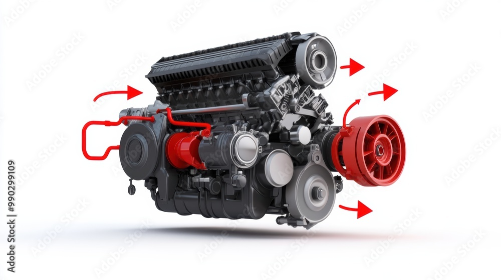 Detailed View of Modern Engine with Red Highlights Detailed View of Modern Engine with Red Highlights