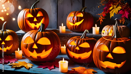 Rustic Charm Meets Spooky Halloween Pumpkins. Glowing Faces of Halloween on a Wooden Table photo