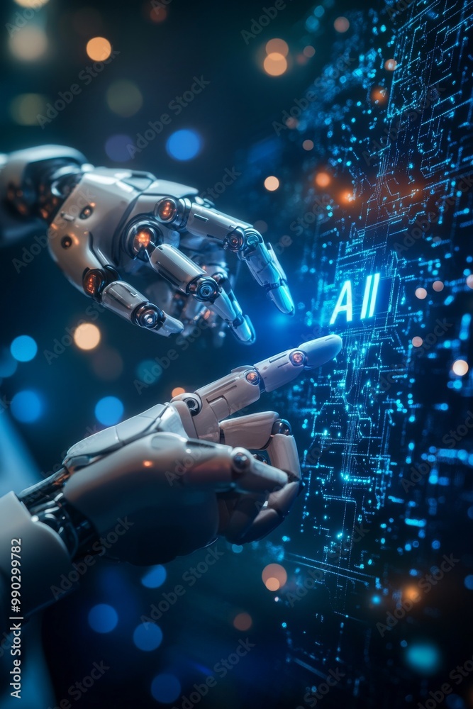 A robotic hand reaches out to touch a glowing AI display, highlighting the intersection of technology and artificial intelligence in a futuristic setting