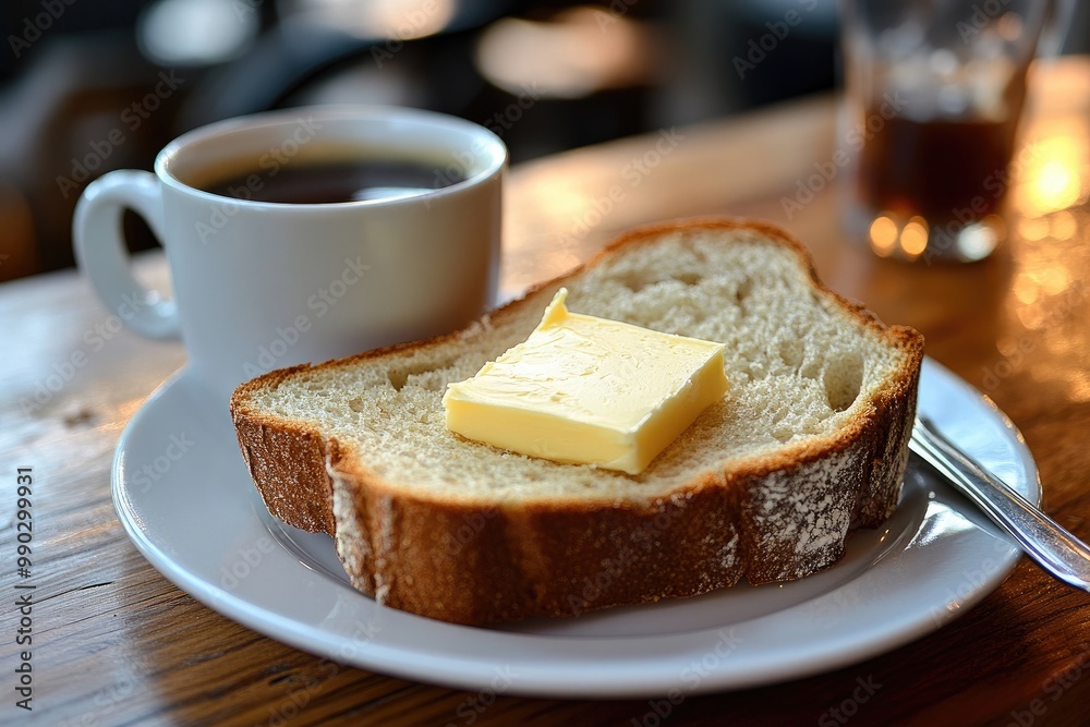 A slice of buttered bread on a plate. Perfect for showcasing a simple, tasty breakfast. A slice of buttered bread on a plate. Perfect for showcasing a simple, tasty breakfast.