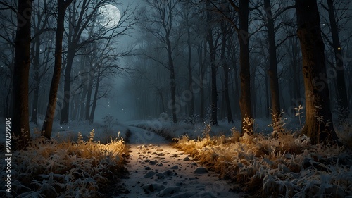 Frosty Path Under Autumn Moonlight. A peaceful autumn night with golden leaves and frost glowing under the moonlight. Realistic style. photo