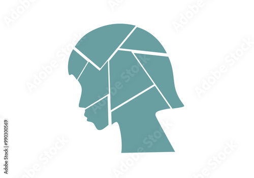 Vector illustration of a fragmented female silhouette composed of geometric shapes, symbolizing complexity, mental health, and individuality. Design is ideal for concepts like psychology and identity