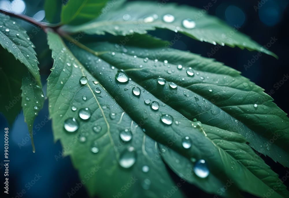 A close-up of a green leaf with water droplets on its surface, against a blurred dark background A close-up of a green leaf with water droplets on its surface, against a blurred dark background