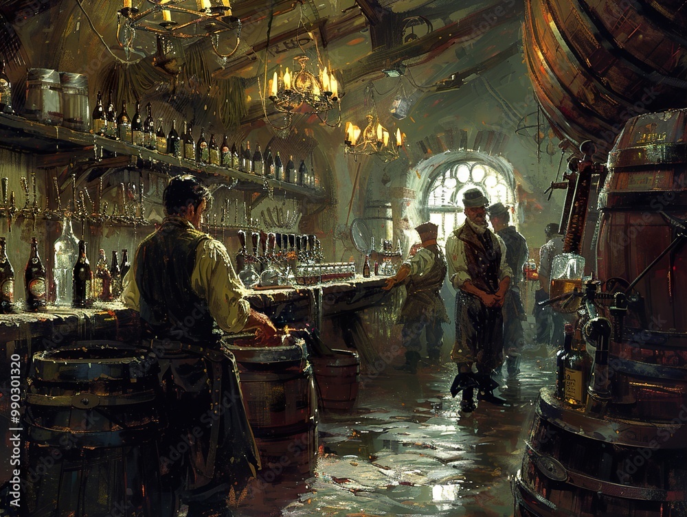 Medieval Tavern Interior with Bartender and Customers Medieval Tavern Interior with Bartender and Customers