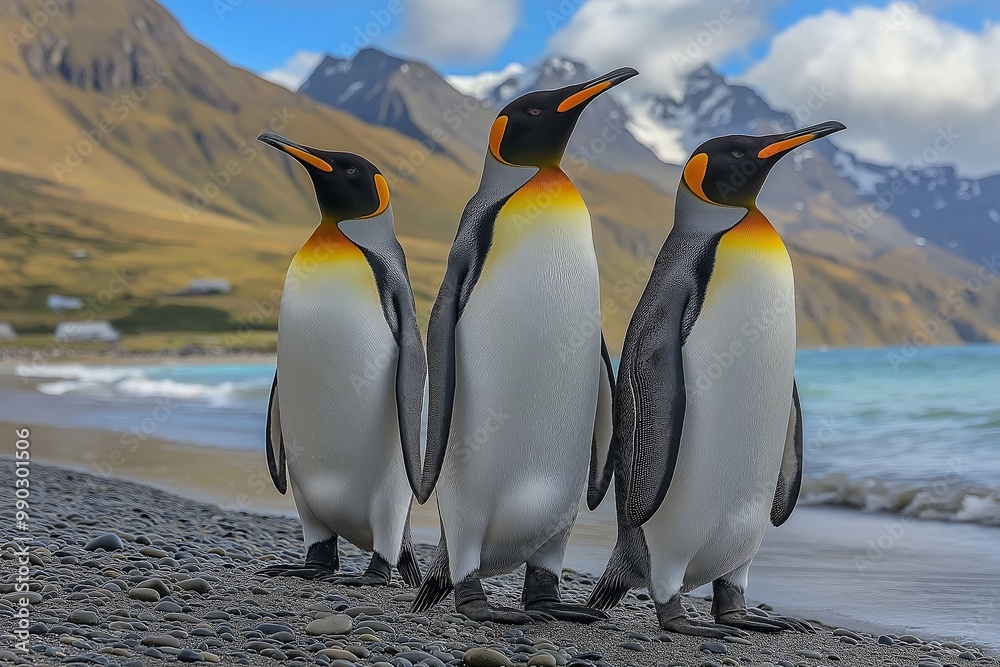Fototapeta premium Group of penguins standing on a beach. The penguins are in a line, with the first penguin on the left and the last one on the right. King penguins (Aptenodytes patagonicus) on the beach