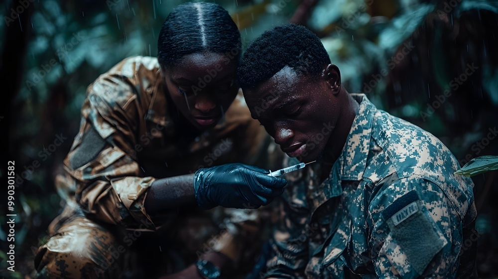 A battlefield medic in a rain-soaked jungle giving an injection to a tired soldier, representing resilience and duty in extreme environments A battlefield medic in a rain-soaked jungle giving an injection to a tired soldier, representing resilience and duty in extreme environments