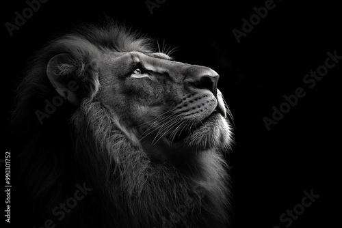 Lion with a long mane and a white face. The lion is looking at the camera. majestic lion portrait closeup on dramatic black background powerful wildlife photography digital art