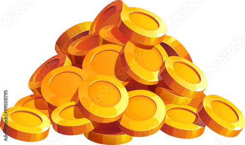 Cartoon golden coins pile, represents treasure, riches, wealth, prosperity and abundance. Vector heap of gold shiny coins, pirate game asset, symbol of financial success, achievement, fortune and luck