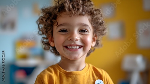 A child proudly showing their vaccination sticker after receiving a shot in a cheerful pediatric clinic