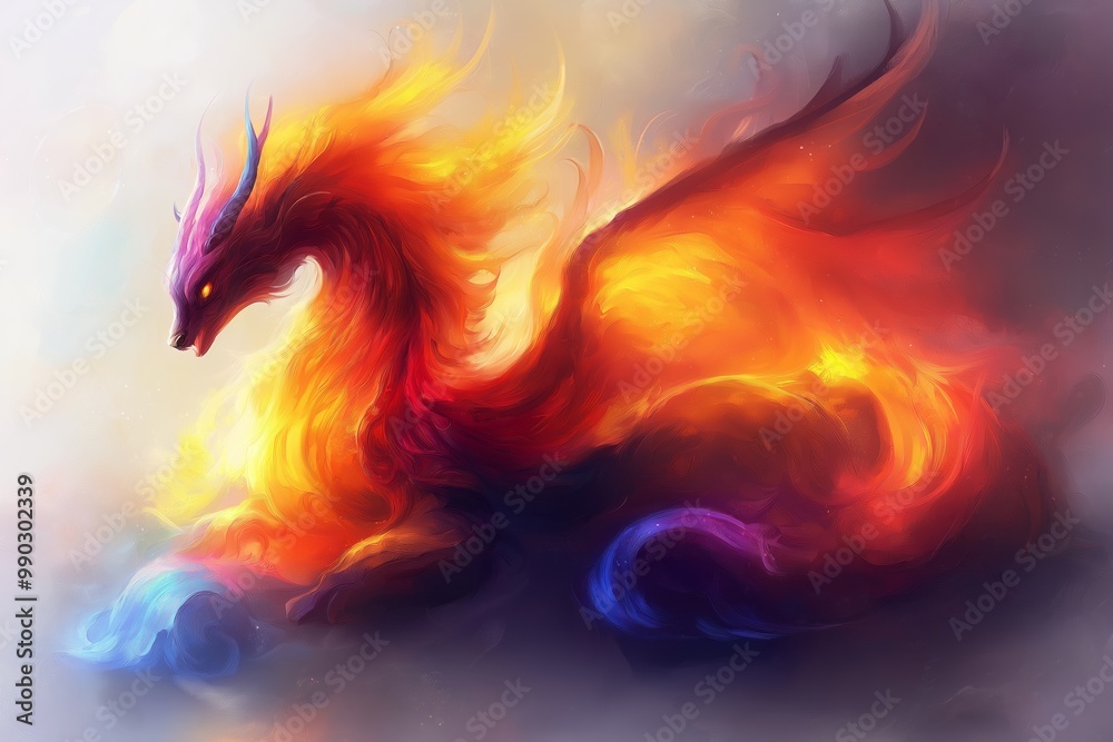 Fototapeta premium Colorful dragon with red, blue, and yellow wings. The dragon is laying on the ground. mythical creature rainbow basilisk