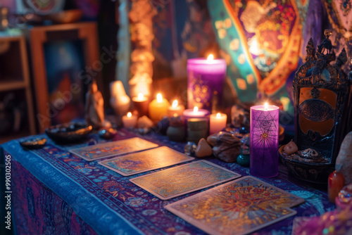 A crystal ball sits on a wooden stand, illuminated by flickering candles. Tarot cards are spread out nearby, enhancing the mystical atmosphere in a dimly lit room.
