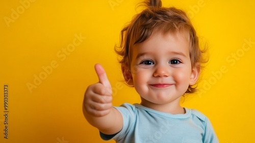 joyful toddler giving a thumbs up on a vibrant yellow background