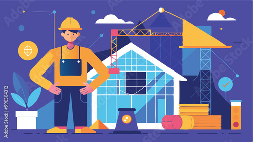 Architect Holding Blueprints Near a Building Under Construction Site Vector Illustration