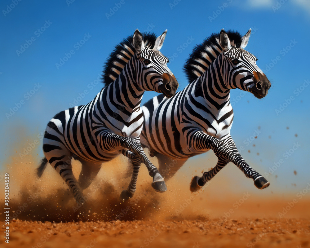 Fototapeta premium Two stunning zebras gallop across a sandy landscape, their striking black and white stripes blending with the vibrant blue sky, evoking a sense of wild beauty and freedom.
