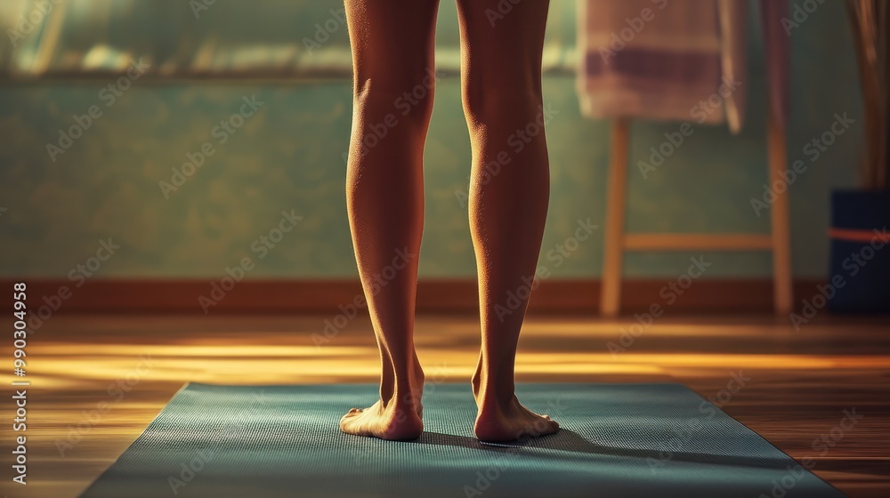 Lower body of person standing on yoga mat Lower body of person standing on yoga mat